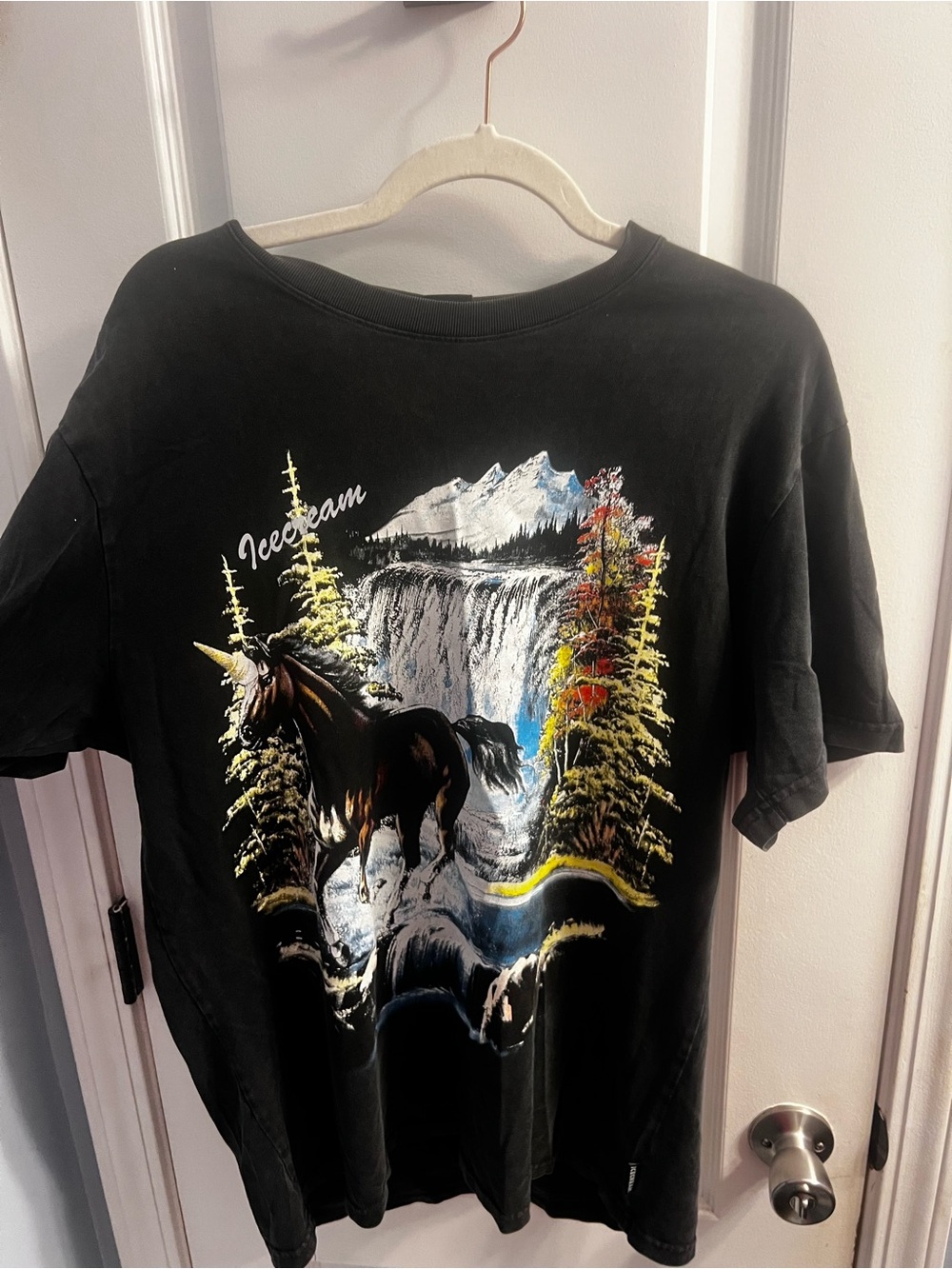 Black Graphic Unicorn Tee with Mountain Waterfall